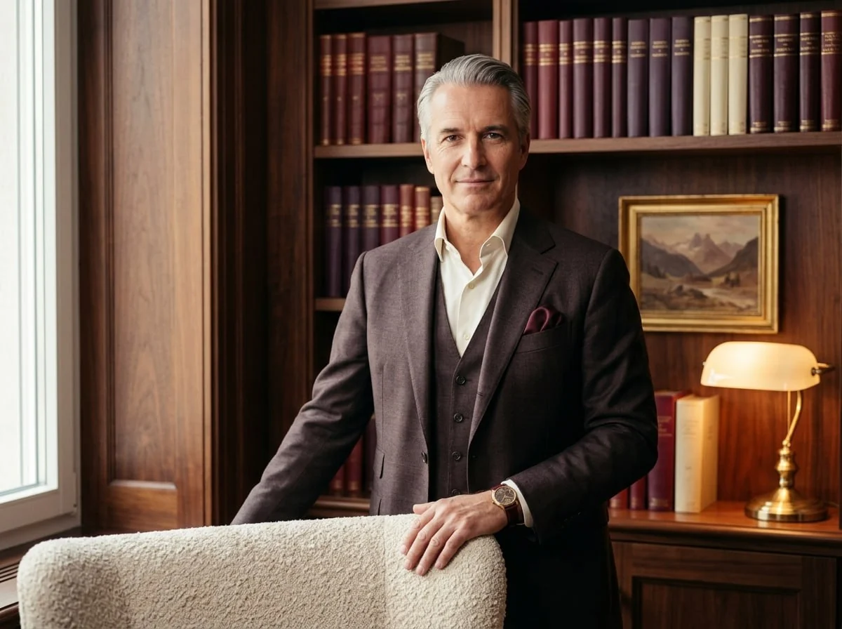 WurthAG private client in a brown three-piece suit in a walnut-panelled study