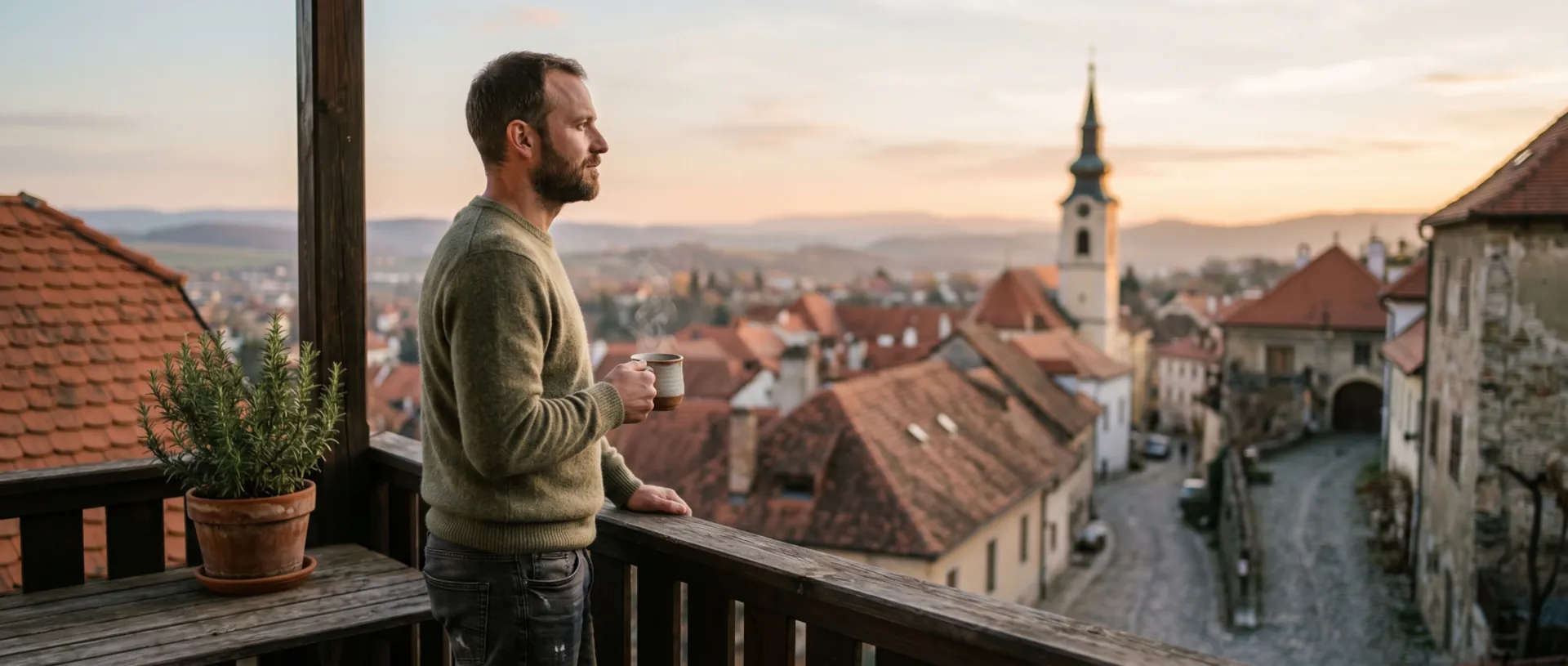 Man on a wooden balcony at golden hour overlooking terracotta rooftops of a Central European town